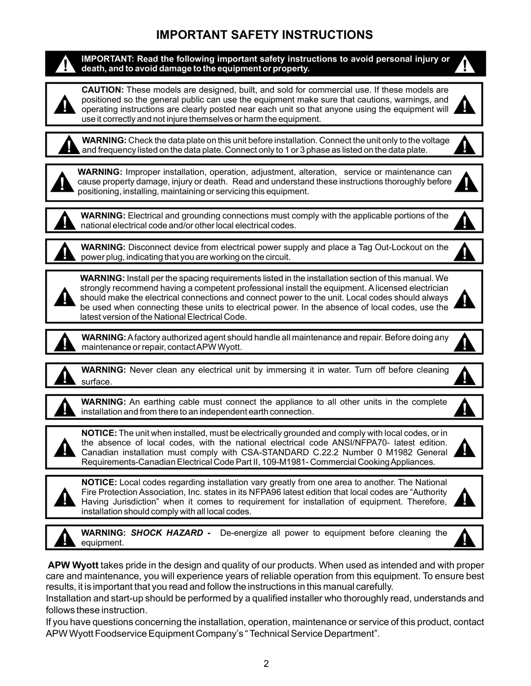 APW Wyott MPC-1A manual Important Safety Instructions 