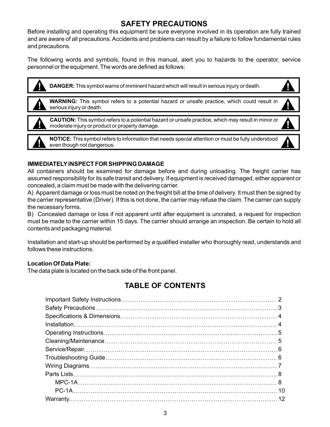 APW Wyott MPC-1A manual Safety Precautions, Table of Contents 