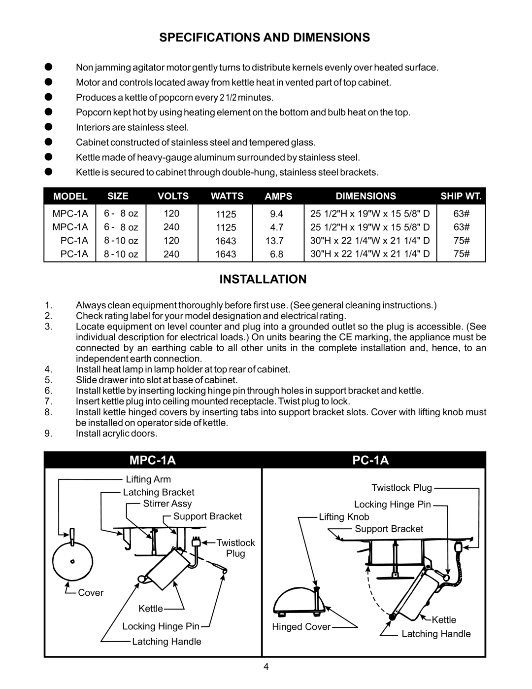 APW Wyott MPC-1A manual Specifications and Dimensions, Installation 