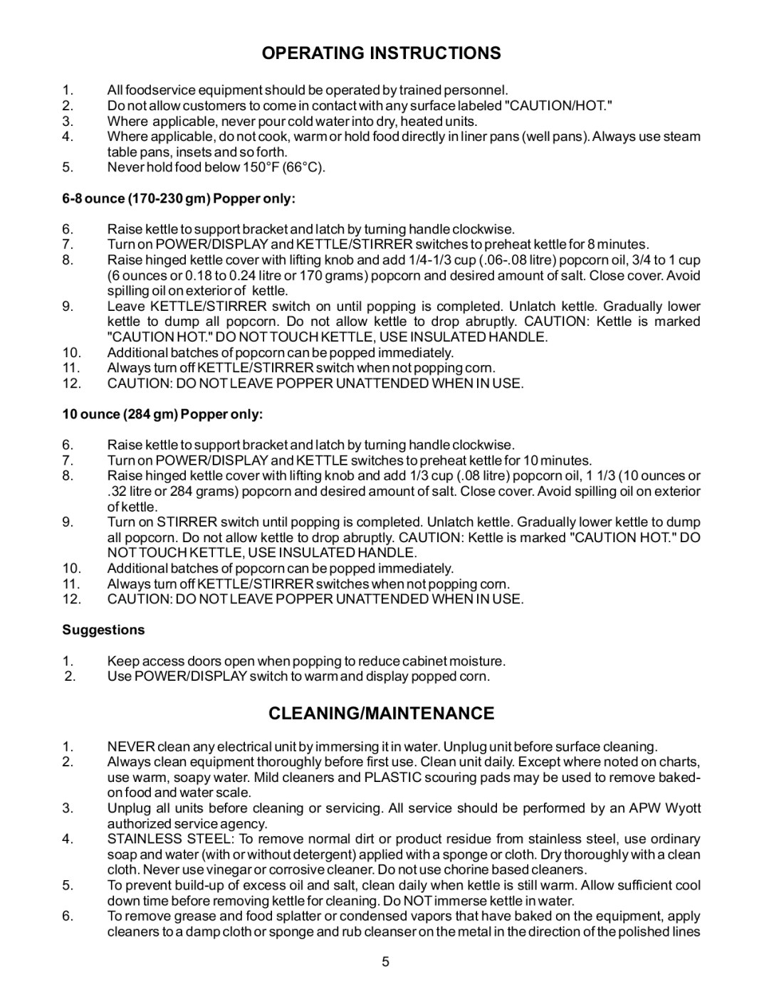 APW Wyott MPC-1A manual Operating Instructions, Cleaning/Maintenance 