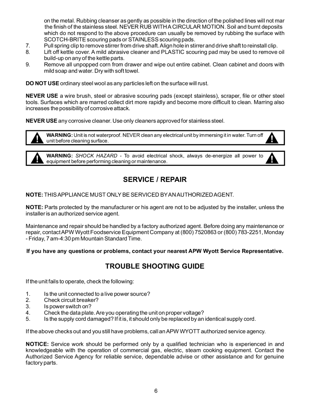 APW Wyott MPC-1A manual Service / Repair, Trouble Shooting Guide 