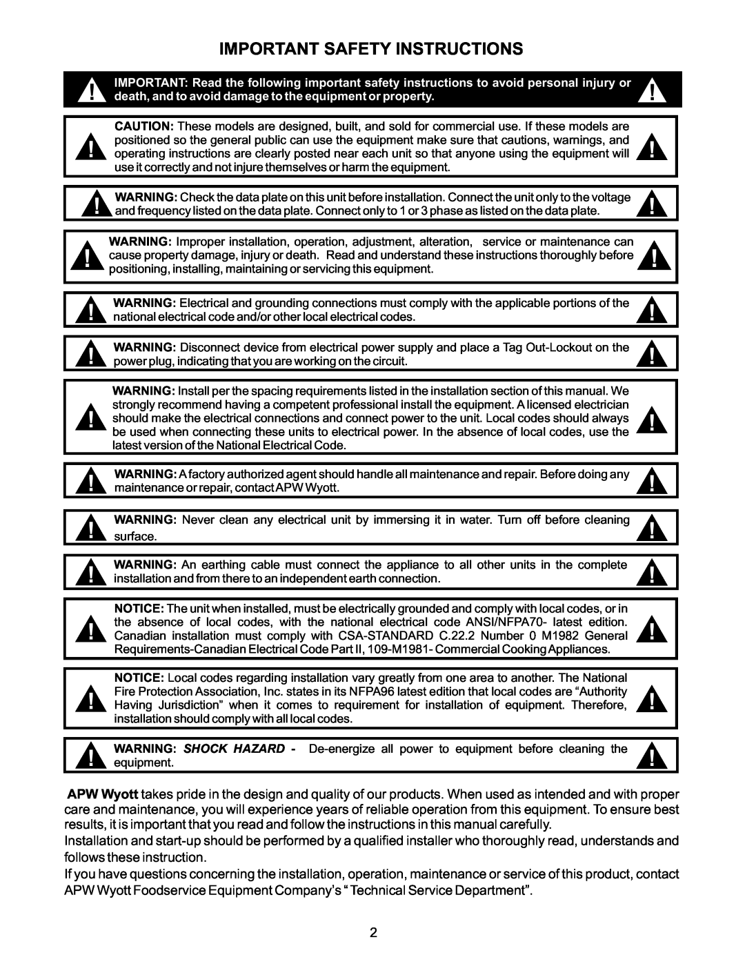 APW Wyott MPC-1A manual Important Safety Instructions 