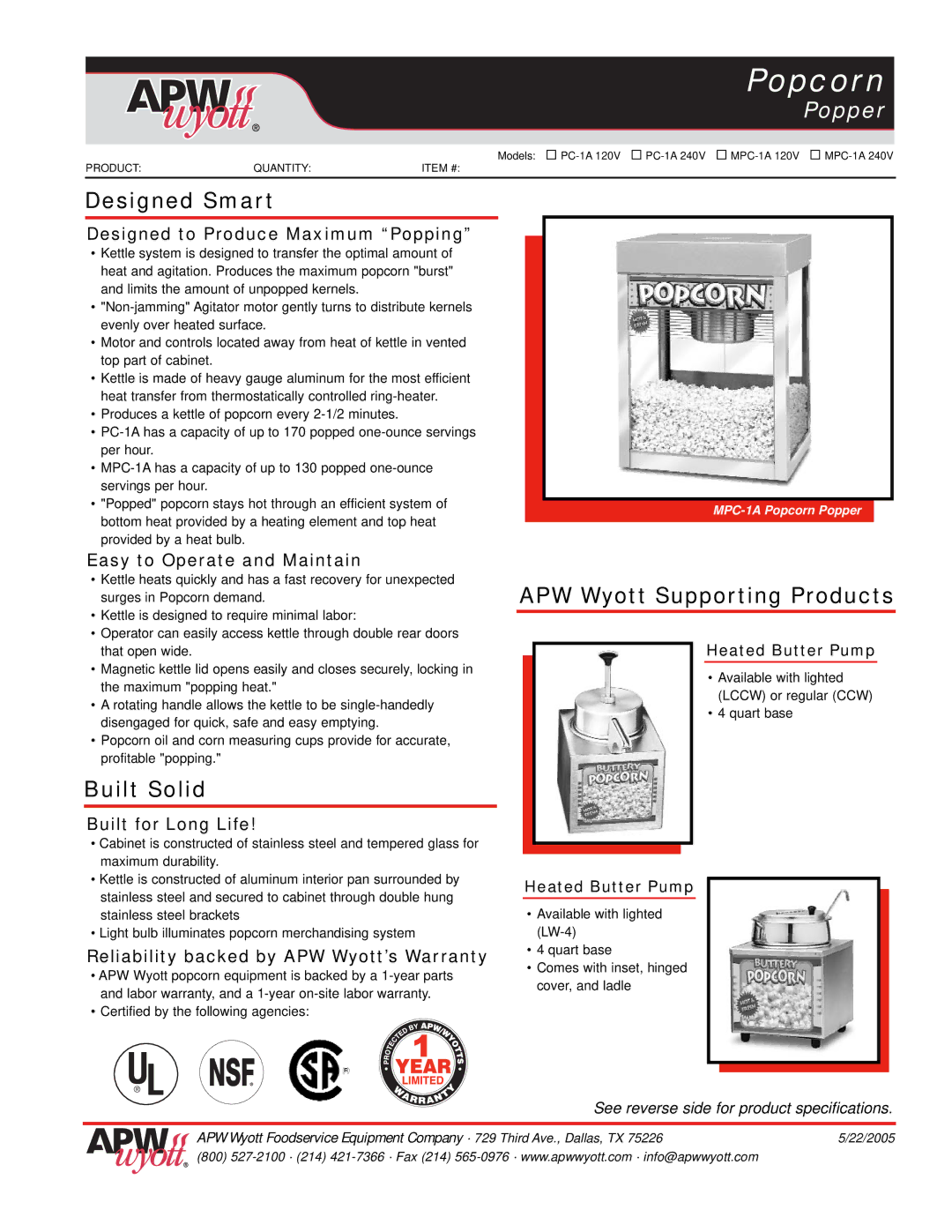 APW Wyott MPC-1A 240V, MPC-1A 120V warranty Designed Smart, Built Solid, APW Wyott Supporting Products 