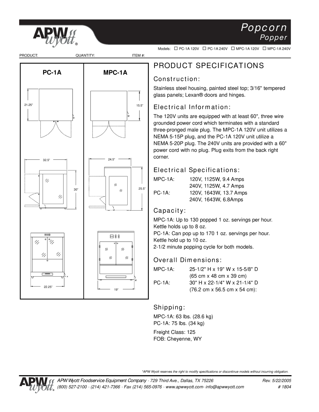 APW Wyott MPC-1A 120V Construction, Electrical Information, Electrical Specifications, Capacity, Overall Dimensions 