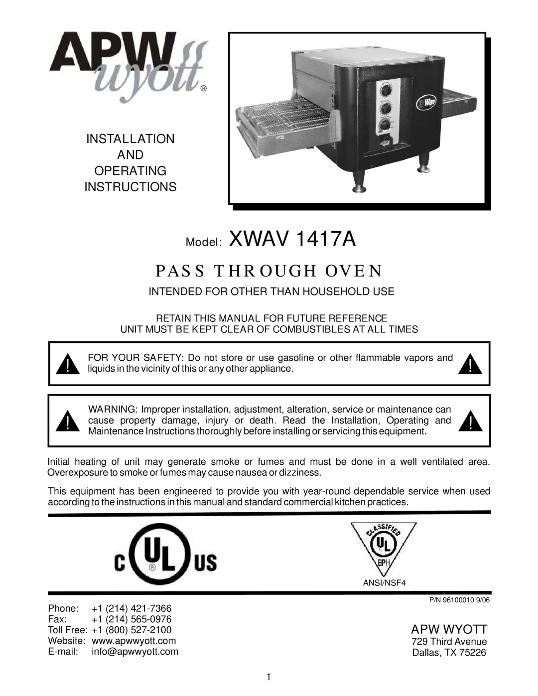 APW Wyott RANSI/NSF4 operating instructions Installation Operating Instructions, APW Wyott 