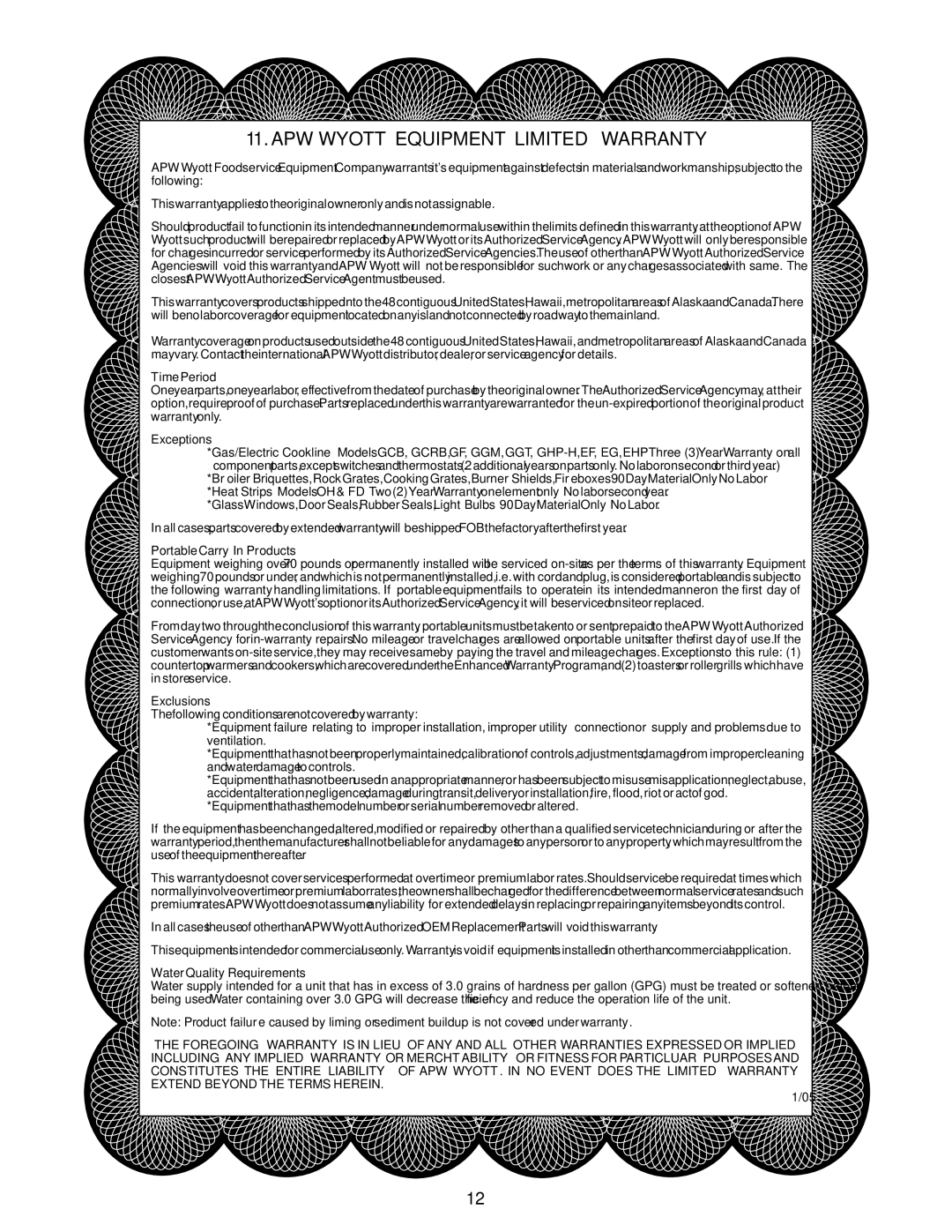 APW Wyott RANSI/NSF4 operating instructions APW Wyott Equipment Limited Warranty 