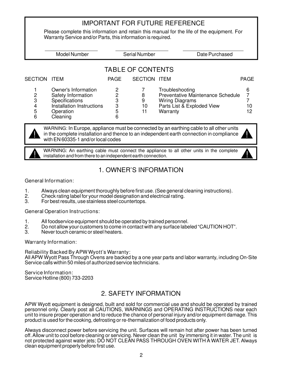 APW Wyott RANSI/NSF4 Important for Future Reference, Table of Contents, OWNER’S Information, Safety Information 