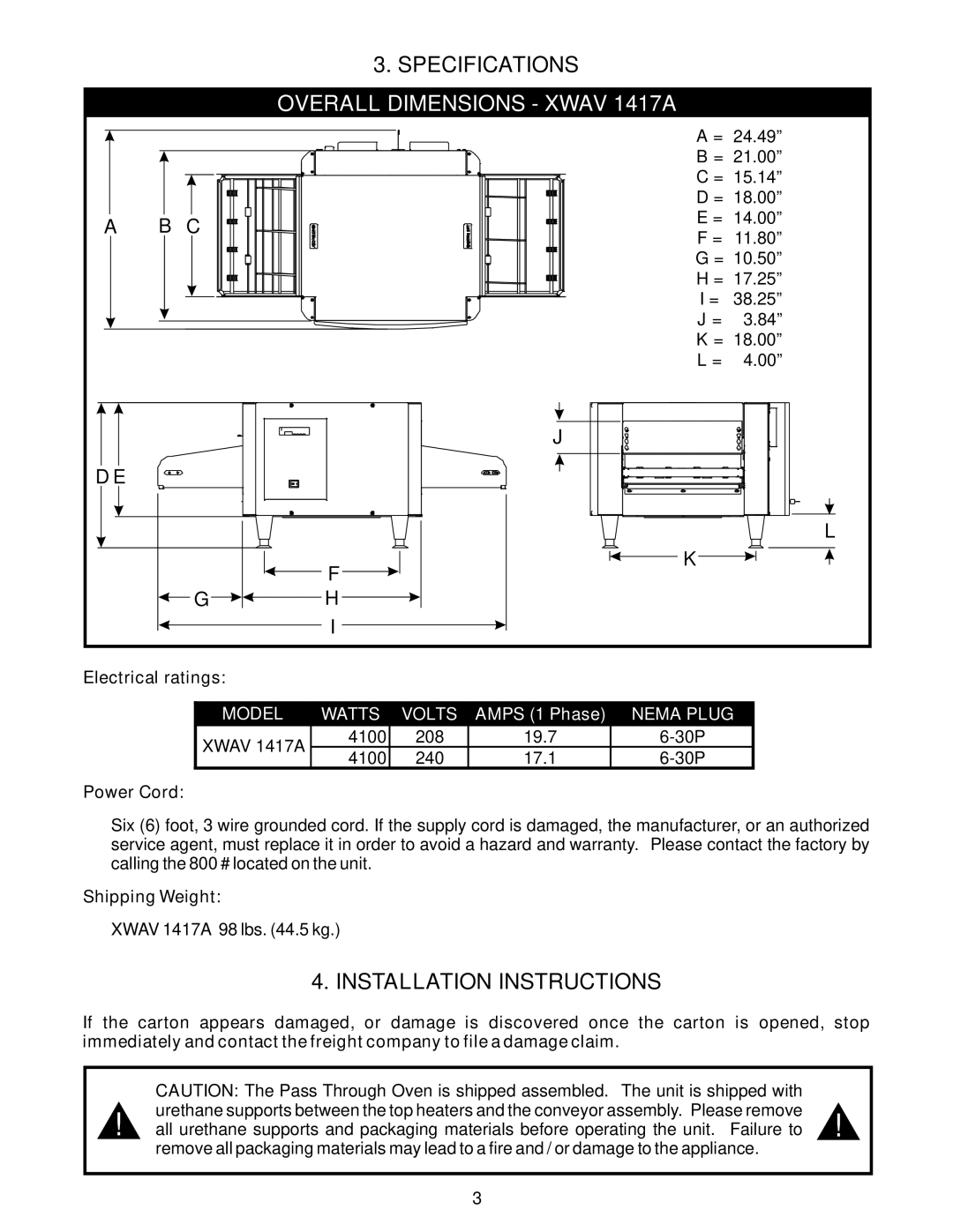 APW Wyott RANSI/NSF4 operating instructions Installation Instructions, Power Cord, Shipping Weight 