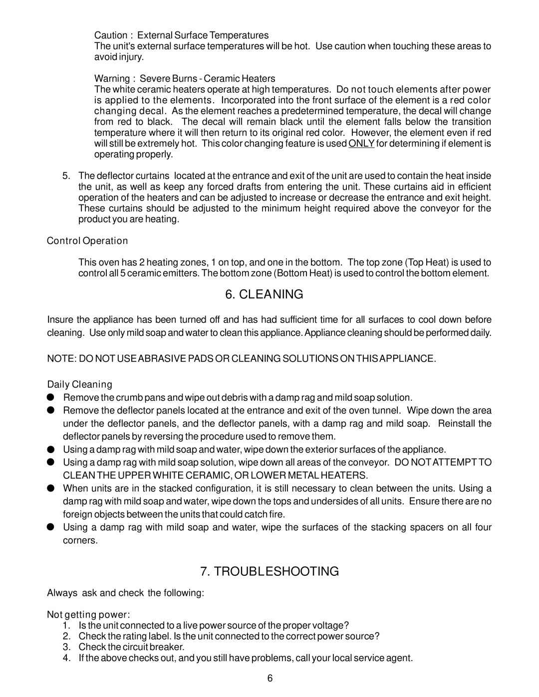 APW Wyott RANSI/NSF4 operating instructions Troubleshooting, Control Operation, Daily Cleaning, Not getting power 