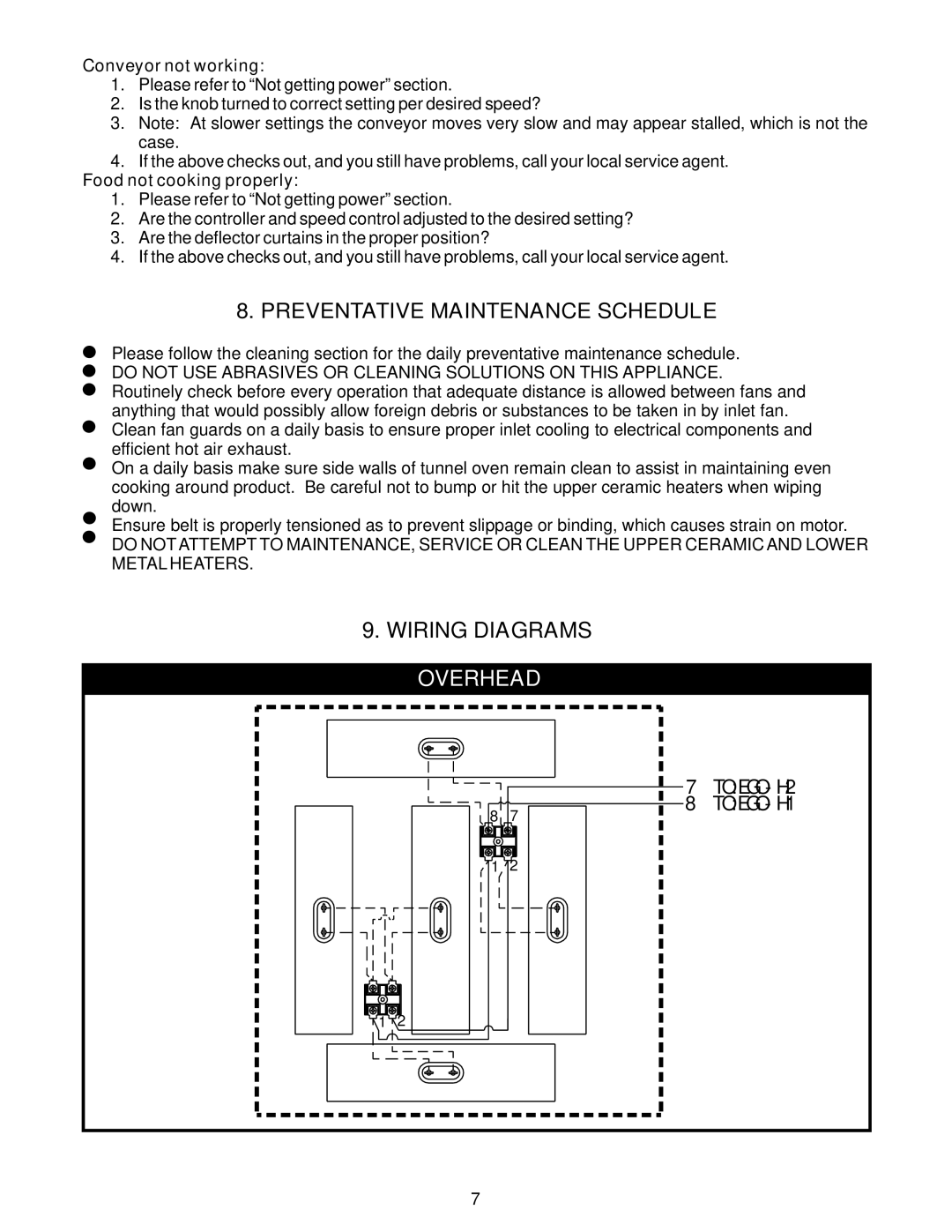 APW Wyott RANSI/NSF4 operating instructions Wiring Diagrams, Overhead, Conveyor not working, Food not cooking properly 