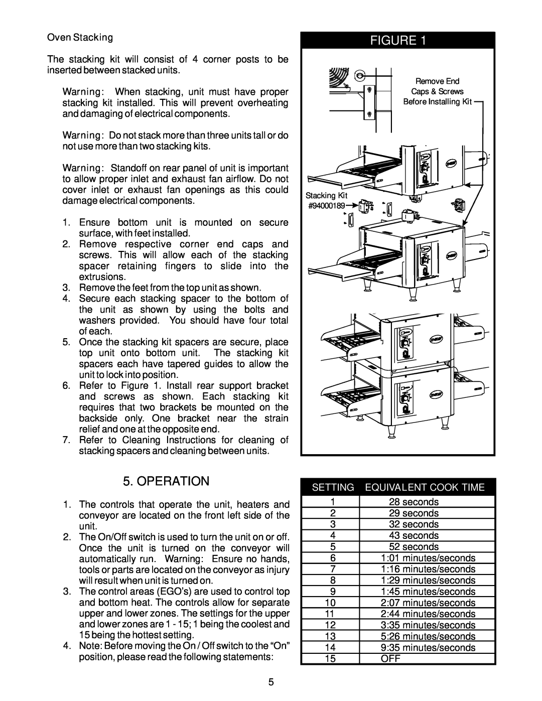APW Wyott RANSI/NSF4 operating instructions Operation, Setting, Equivalent Cook Time, Oven Stacking 