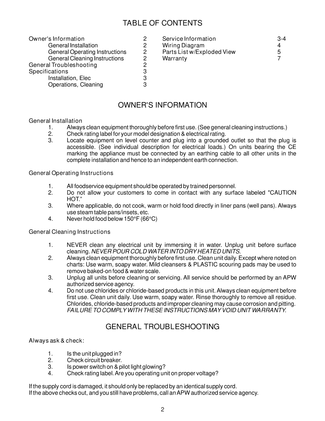 APW Wyott RCW - 7, RCW - 11 manual Table of Contents, Owners Information, General Troubleshooting 