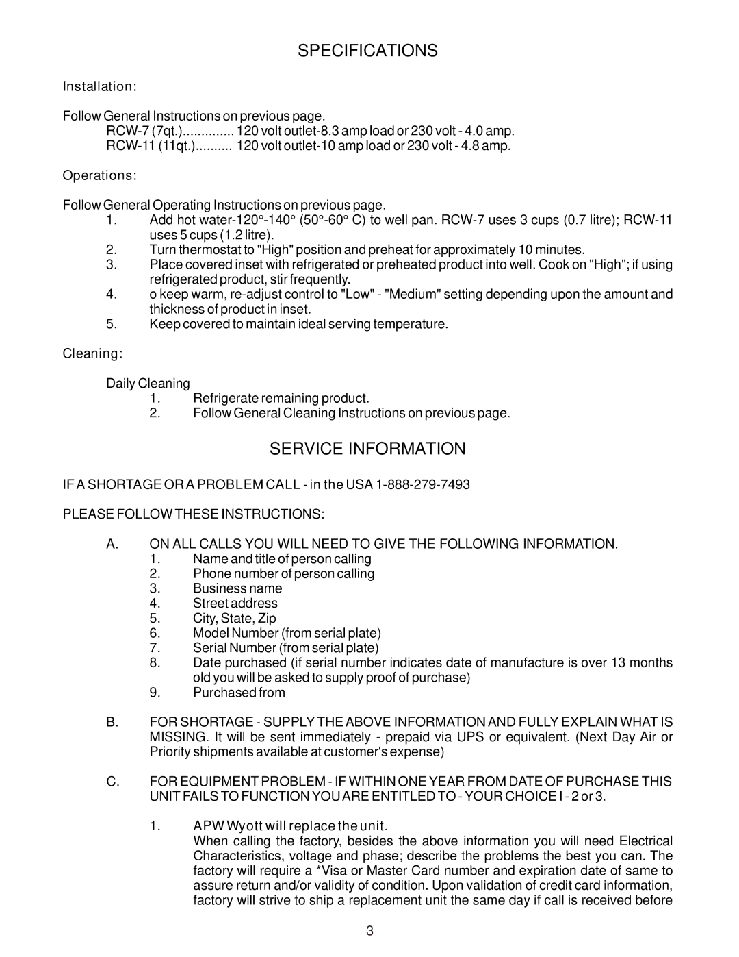 APW Wyott RCW - 11, RCW - 7 manual Specifications, Service Information 