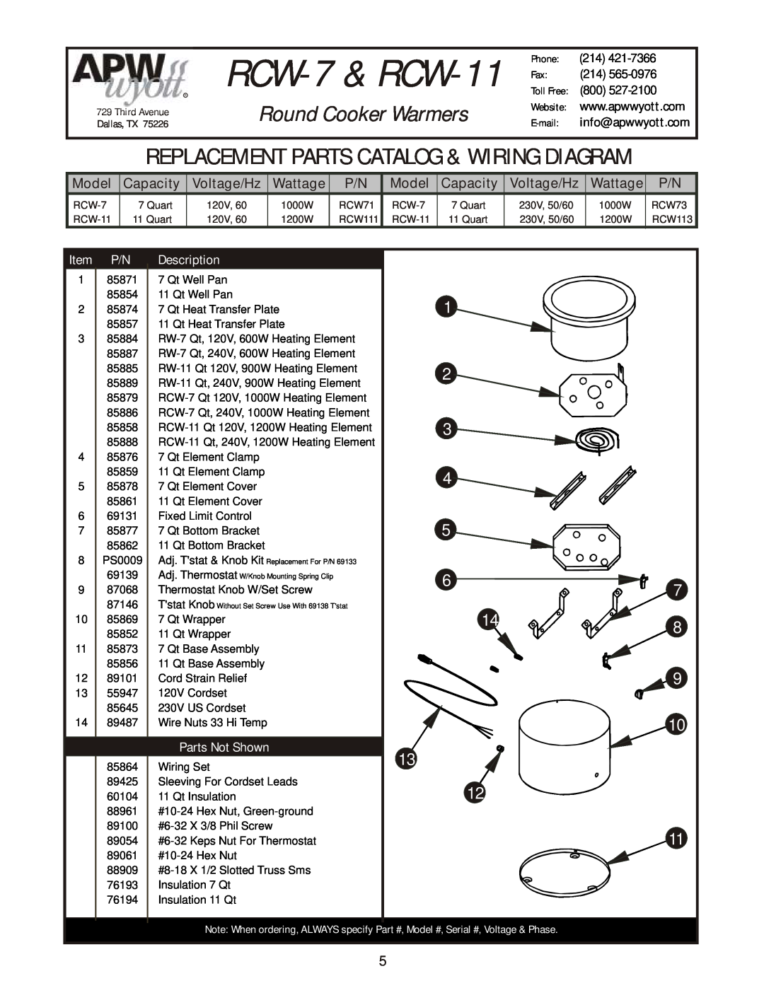 APW Wyott RCW - 11 manual RCW-7 & RCW-11, Replacement Parts Catalog & Wiring Diagram, Round Cooker Warmers, Model, Capacity 