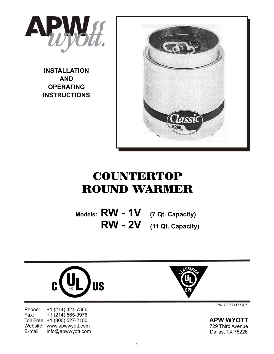 APW Wyott RW-2V, RW-1V manual Countertop Round Warmer, Installation Operating Instructions 