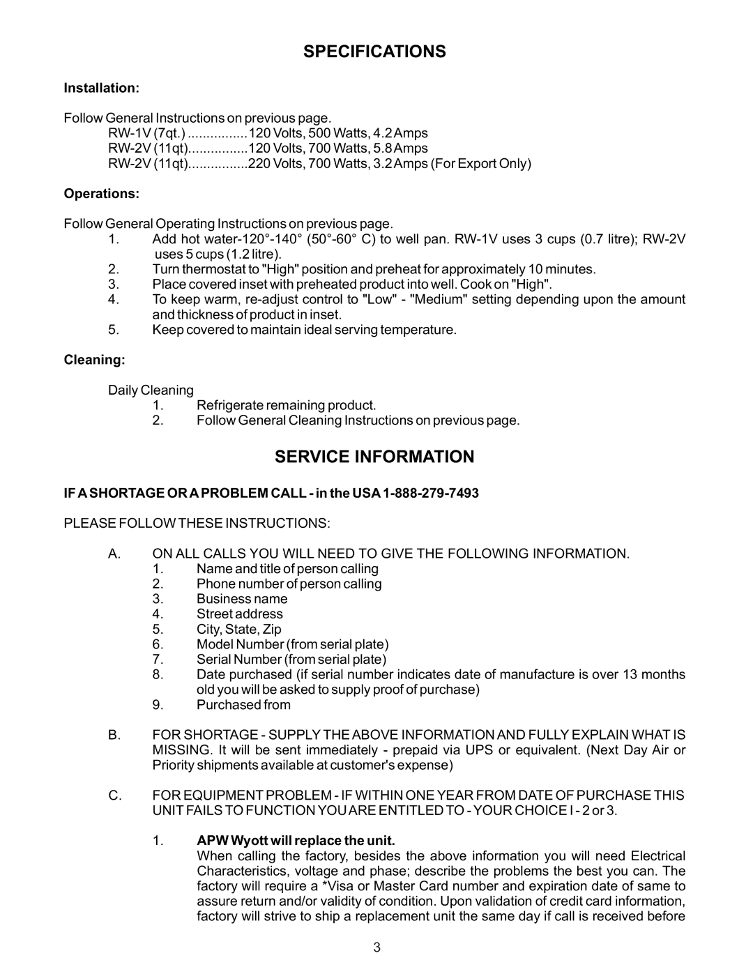 APW Wyott RW-2V, RW-1V manual Specifications, Service Information 