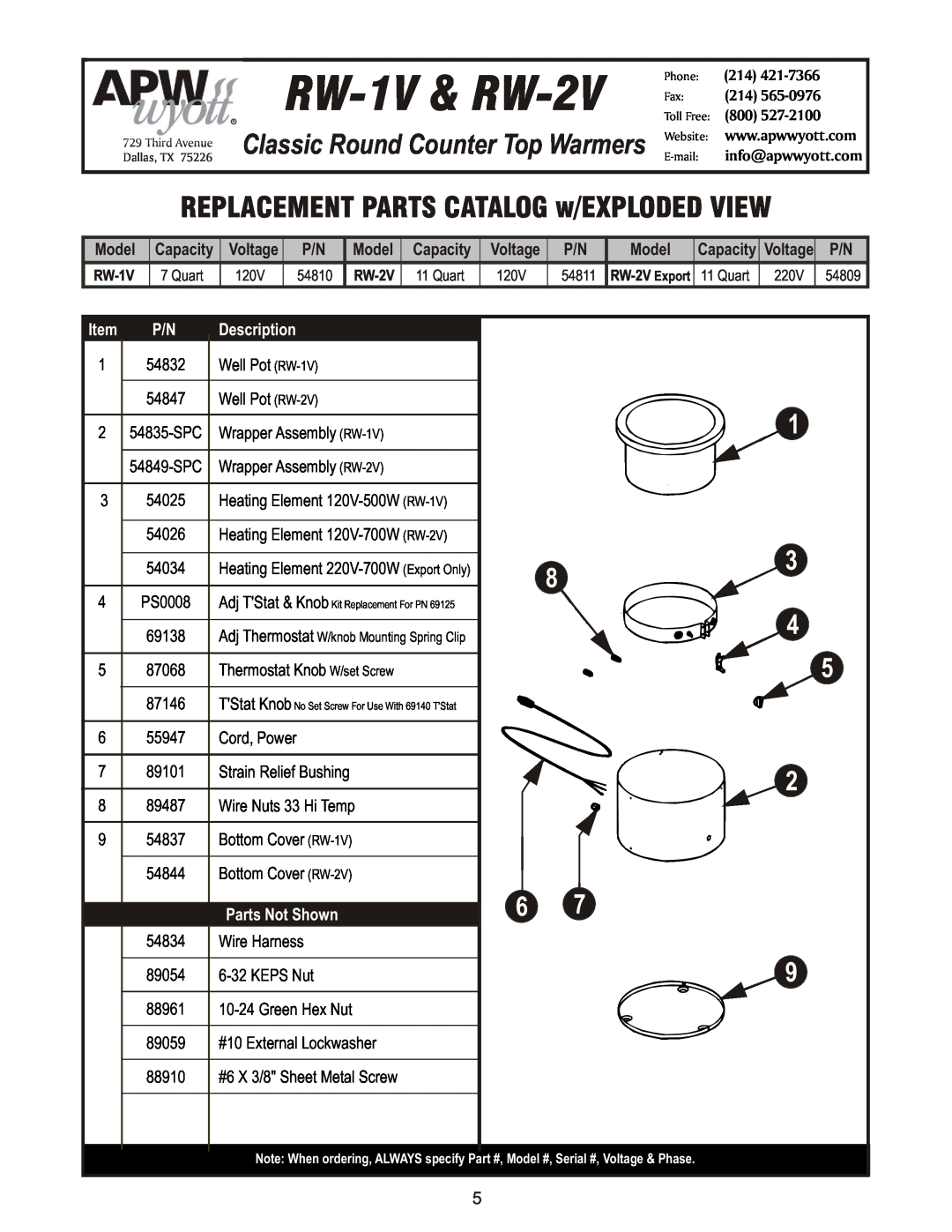 APW Wyott manual RW-1V& RW-2V, REPLACEMENT PARTS CATALOG w/EXPLODED VIEW, 1 3, Classic Round Counter Top Warmers, Model 