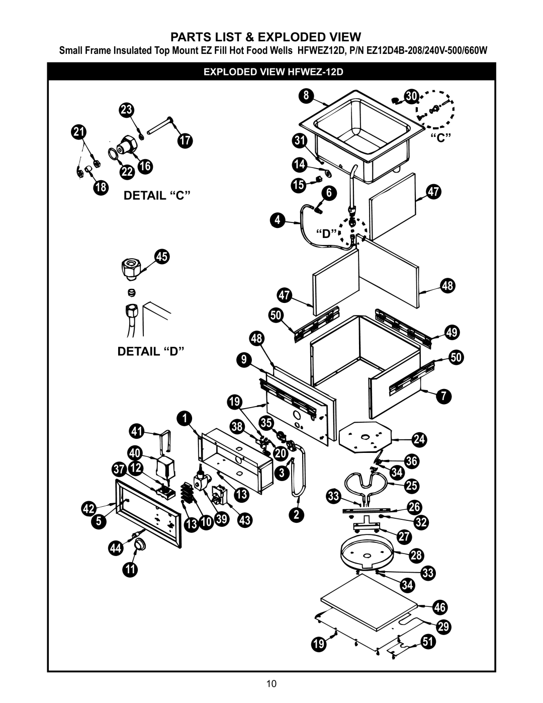 APW Wyott SHFWEZ-12D, SHFWEZ-6D, SM50EZ, SHFWEZ-2D, SHFWEZ-3D, SHFWEZ-5D, SHFWEZ-4D Detail C Detail D, Exploded View HFWEZ-12D 