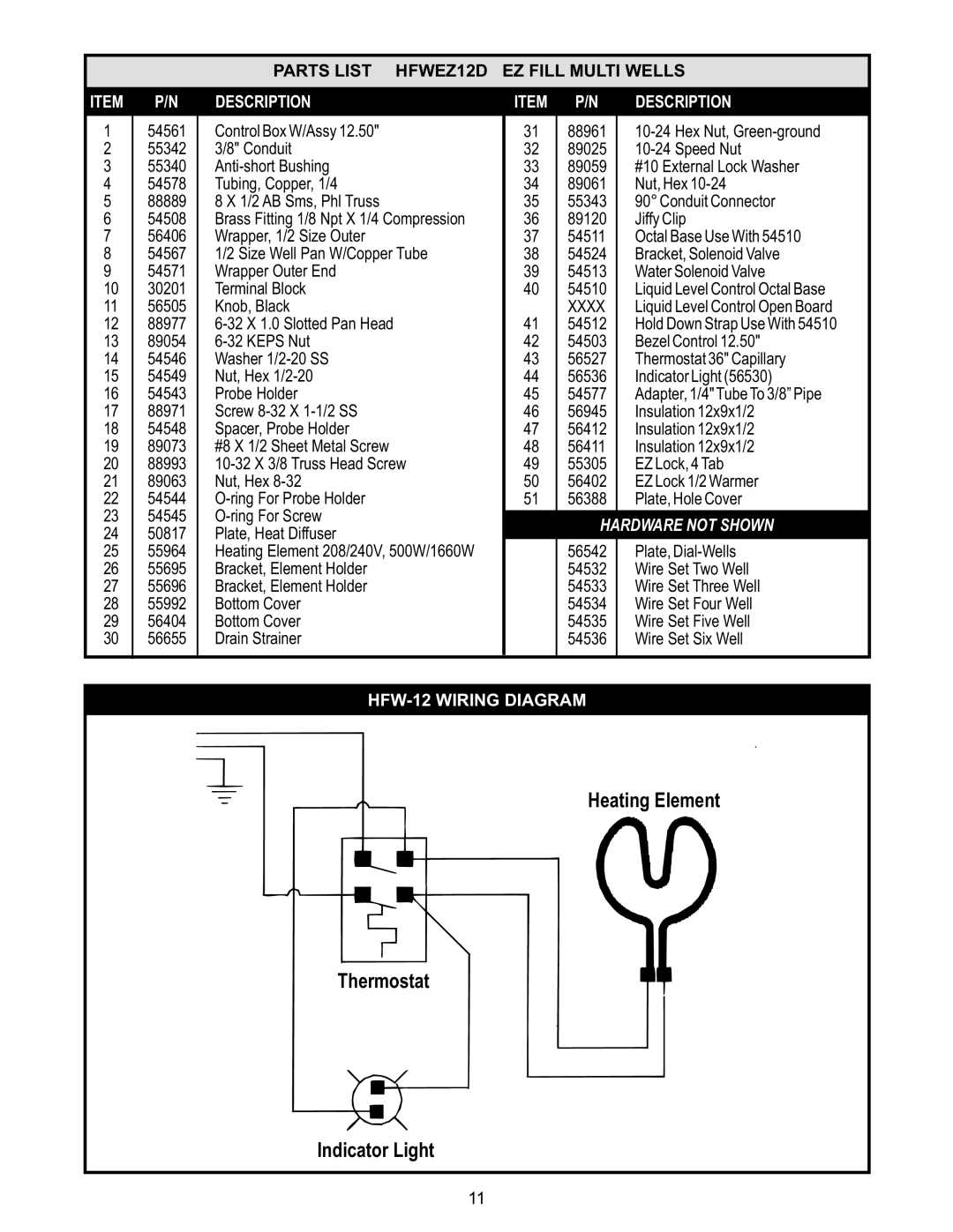 APW Wyott SM50EZ, SHFWEZ-6D, SHFWEZ-12D, SHFWEZ-2D manual Parts List HFWEZ12D EZ Fill Multi Wells, HFW-12 Wiring Diagram 