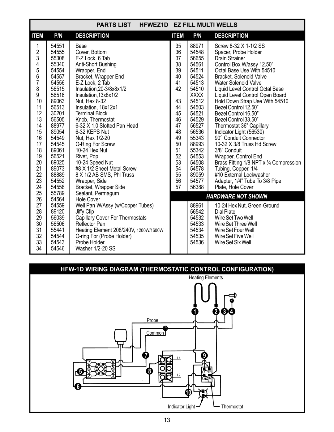 APW Wyott SHFWEZ-3D manual Parts List HFWEZ1D EZ Fill Multi Wells, HFW-1D Wiring Diagram Thermostatic Control Configuration 