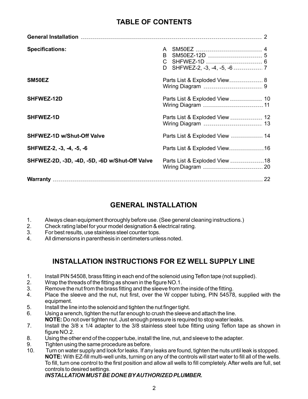 APW Wyott SHFWEZ-12D Table of Contents, General Installation, Installationllation Instructions for EZ Well Supply Line 