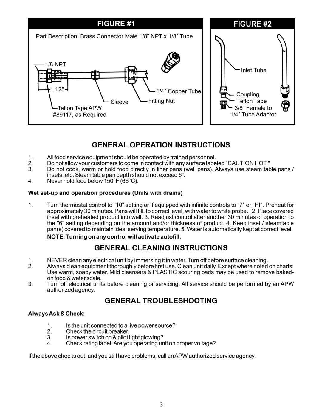 APW Wyott SM50EZ, SHFWEZ-1 manual General Operation Instructions, General Cleaning Instructions, General Troubleshooting 