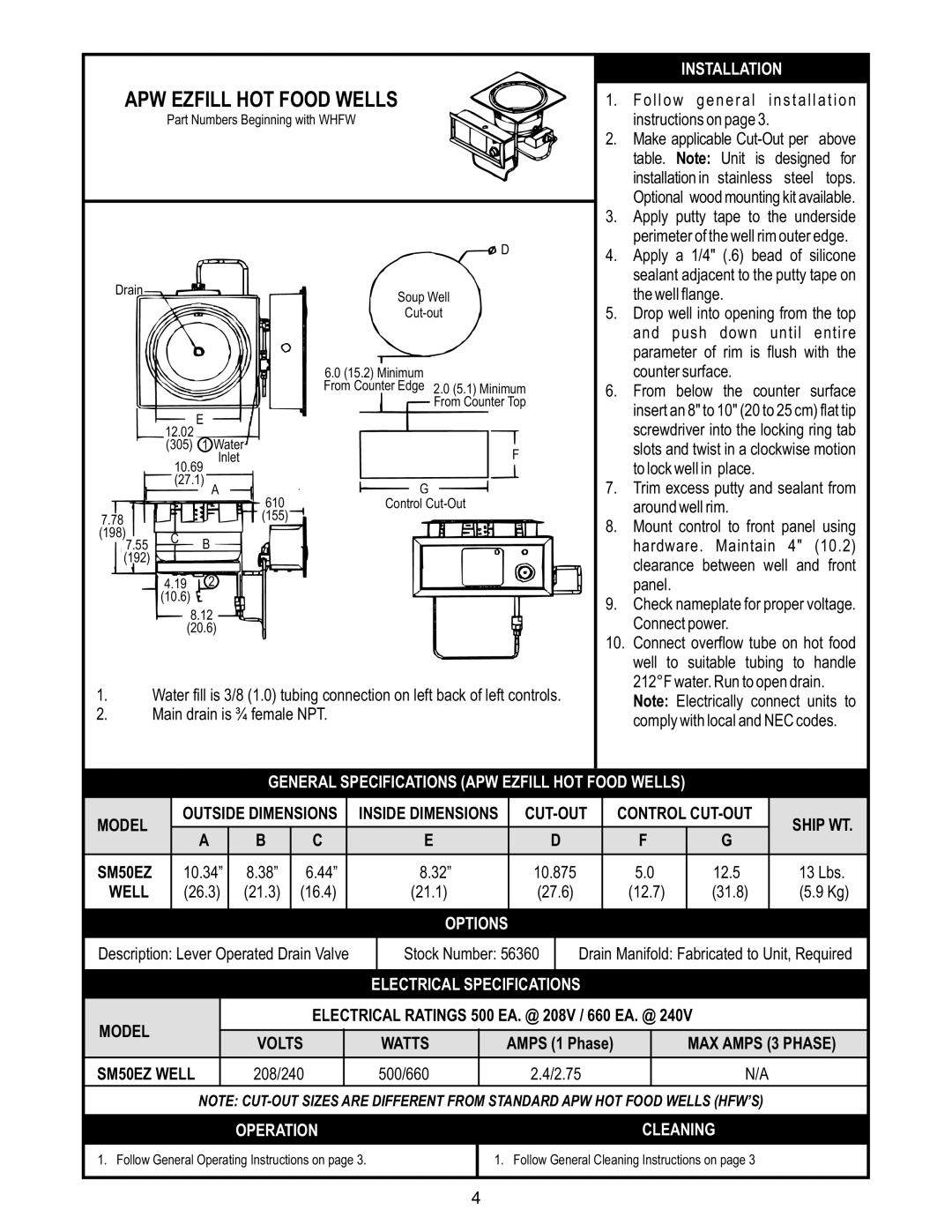 APW Wyott SHFWEZ-2D, SHFWEZ-6D, SHFWEZ-12D, SM50EZ, SHFWEZ-3D, SHFWEZ-5D, SHFWEZ-4D manual APW Ezfill HOT Food Wells 