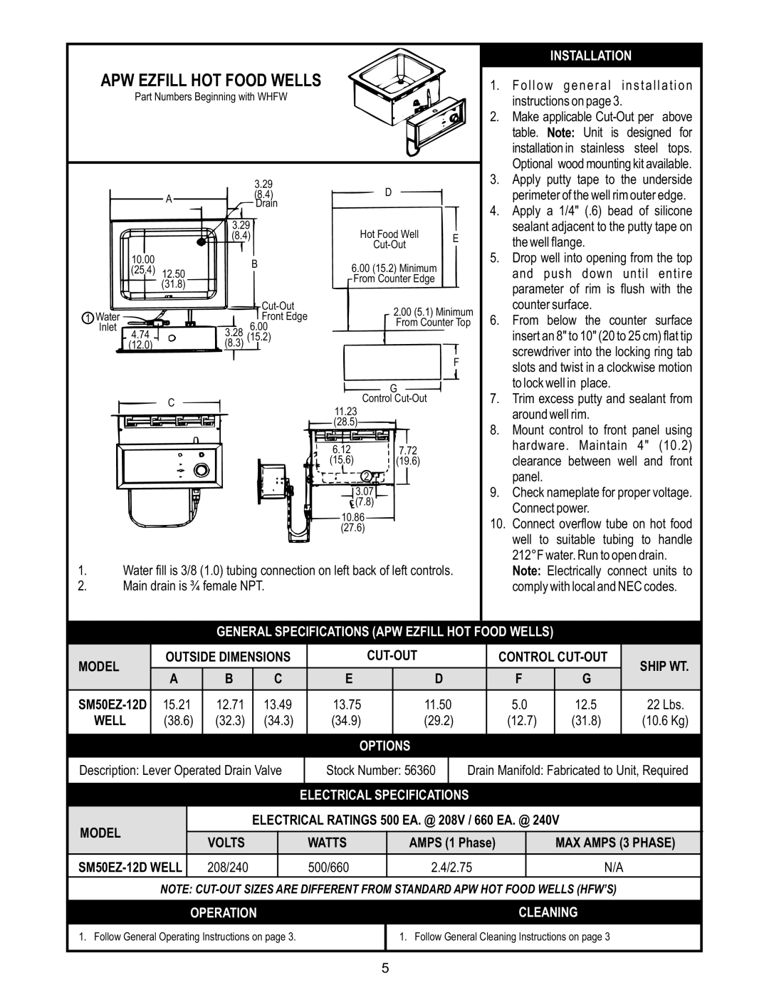 APW Wyott SHFWEZ-3D, SHFWEZ-1 manual Model Outside Dimensions CUT-OUT Control CUT-OUT Ship WT, Volts Watts, SM50EZ-12D Well 