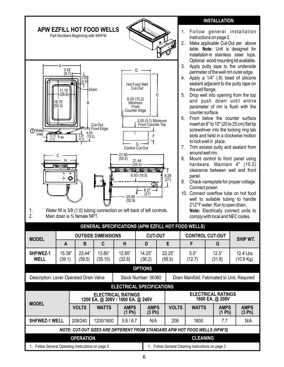 APW Wyott SHFWEZ-5D, SHFWEZ-6D, SHFWEZ-12D, SM50EZ, SHFWEZ-2D, SHFWEZ-3D, SHFWEZ-4D Electrical Ratings, Amps SHFWEZ-1 Well 