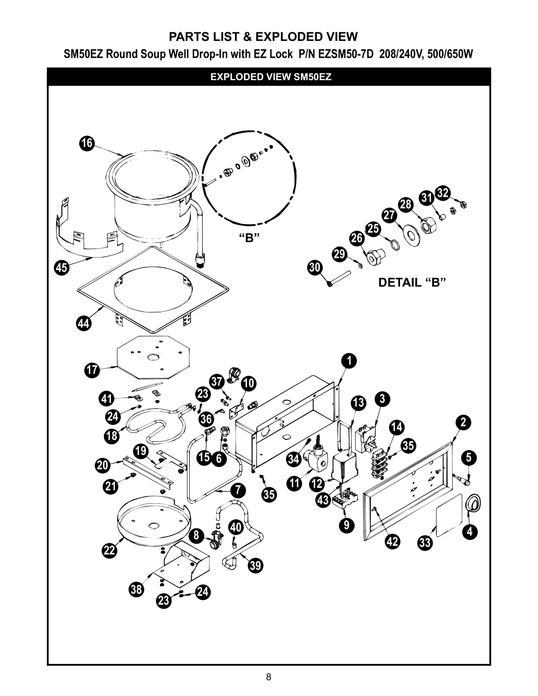 APW Wyott SHFWEZ-6D, SHFWEZ-12D, SHFWEZ-2D, SHFWEZ-3D manual Parts List & Exploded View, Detail B, Exploded View SM50EZ 