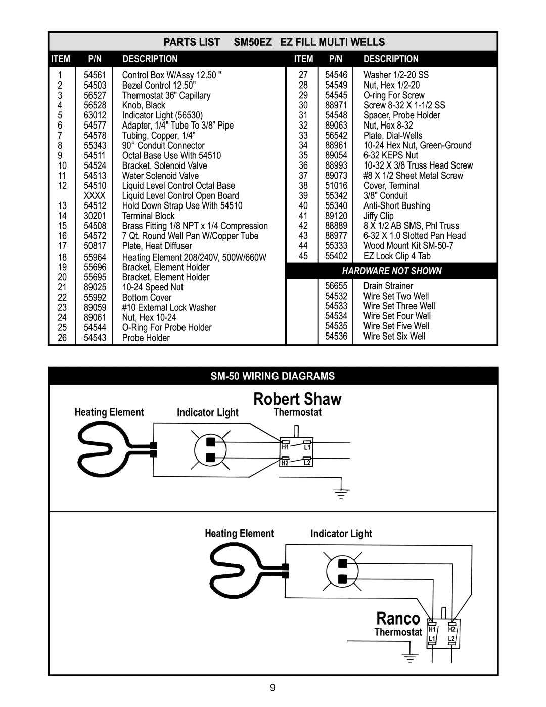 APW Wyott SHFWEZ-6D, SHFWEZ-12D manual Parts List SM50EZ EZ Fill Multi Wells, Description, Xxxx, SM-50 Wiring Diagrams 