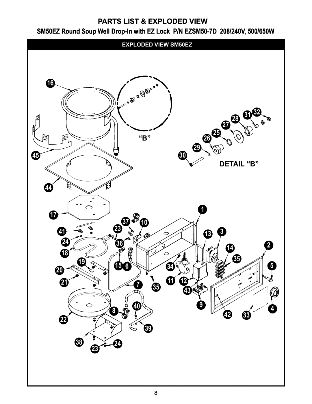 APW Wyott SHFWEZ-6D, SHFWEZ-12D, SHFWEZ-2D, SHFWEZ-3D Parts List & Exploded View, “B”26, Detail “B”, EXPLODED VIEW SM50EZ 