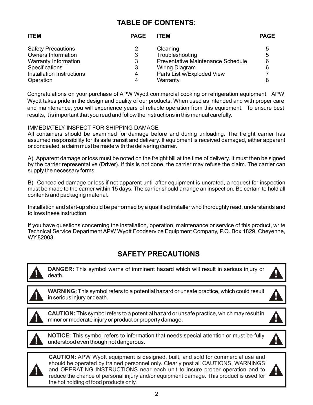 APW Wyott TG-2025 operating instructions Table of Contents, Safety Precautions 