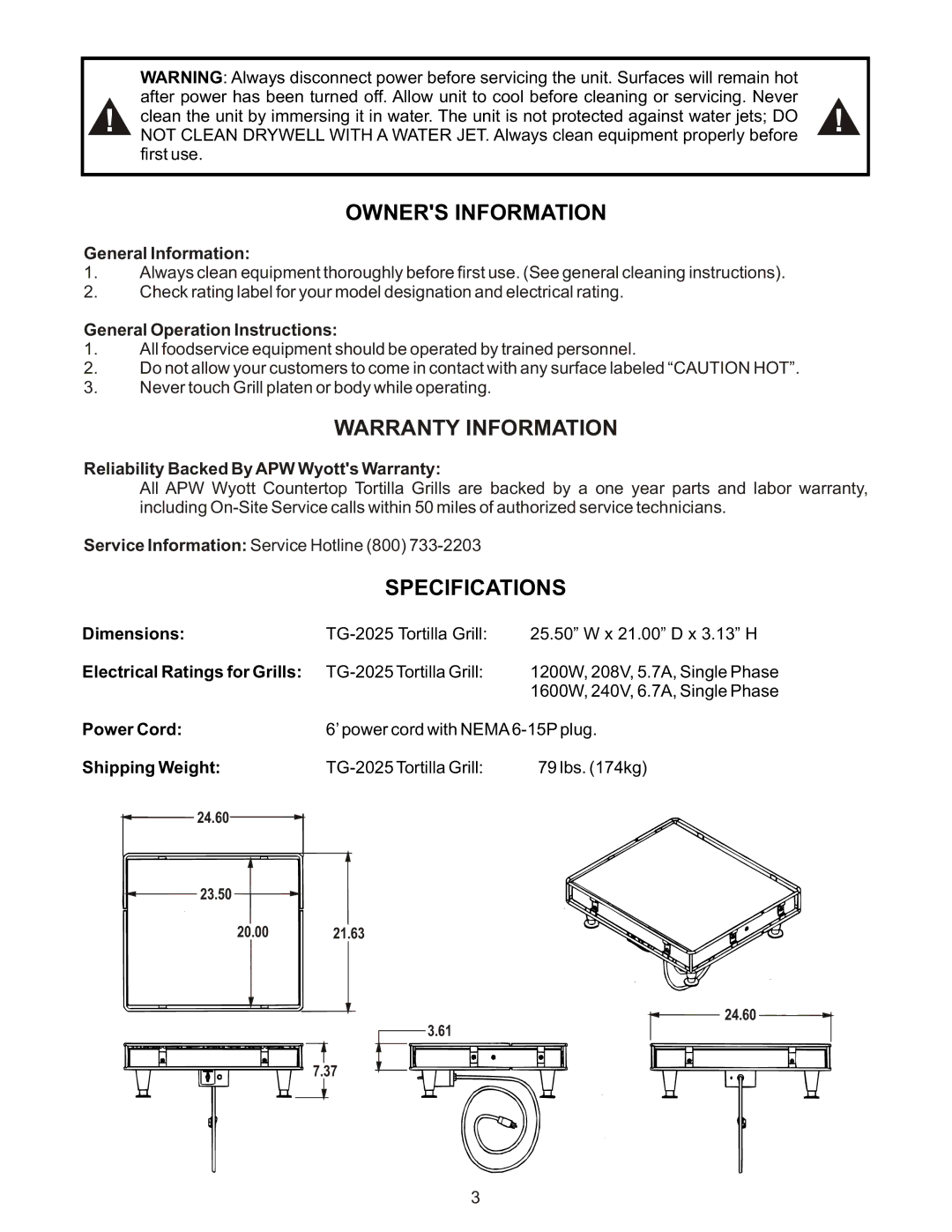 APW Wyott TG-2025 operating instructions Owners Information, Warranty Information, Specifications 