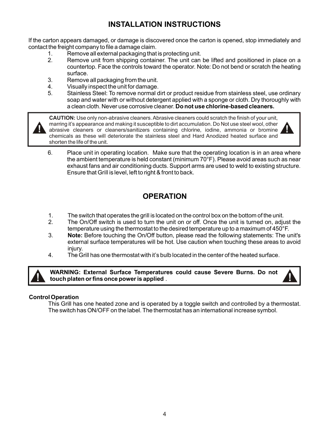 APW Wyott TG-2025 Installation Instructions, Touch platen or fins once power is applied, Control Operation 