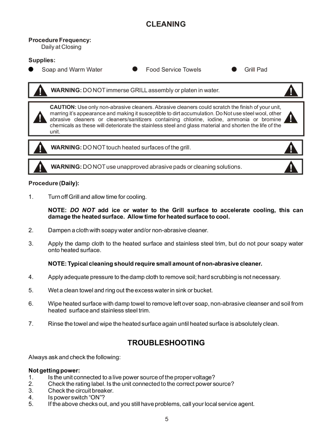 APW Wyott TG-2025 operating instructions Cleaning, Troubleshooting, Procedure Frequency, Procedure Daily 