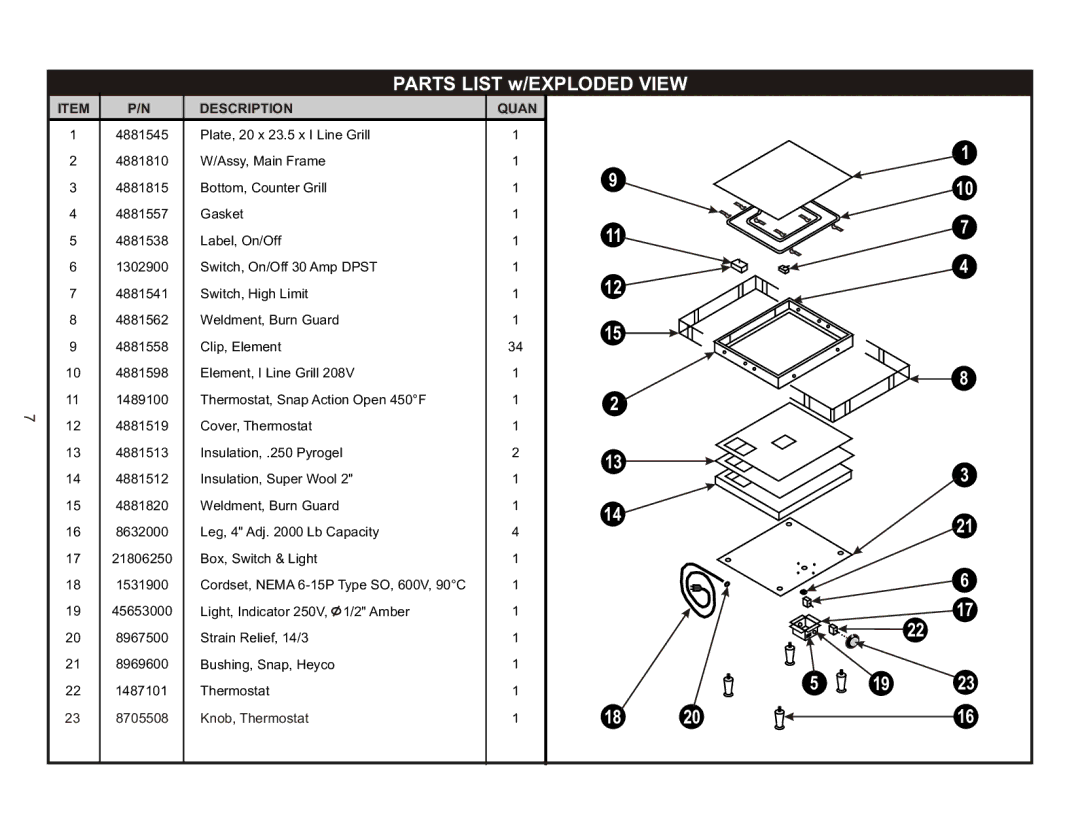 APW Wyott TG-2025 operating instructions Parts List w/EXPLODED View 