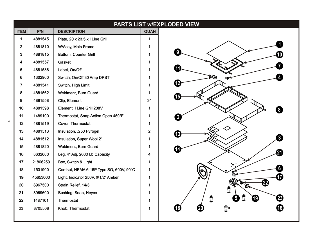 APW Wyott TG-2025 operating instructions PARTS LIST w/EXPLODED VIEW 