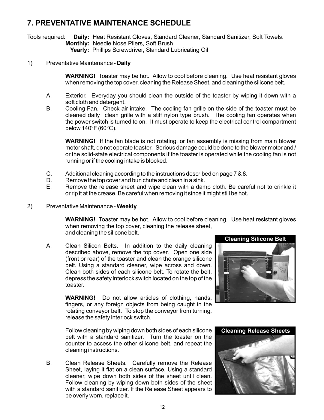 APW Wyott VCG operating instructions Preventative Maintenance Schedule, Cleaning Silicone Belt 