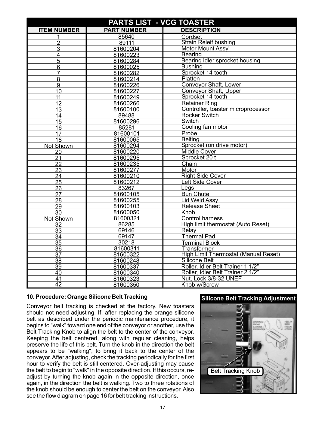 APW Wyott operating instructions Parts List VCG Toaster, Procedure Orange Silicone Belt Tracking 