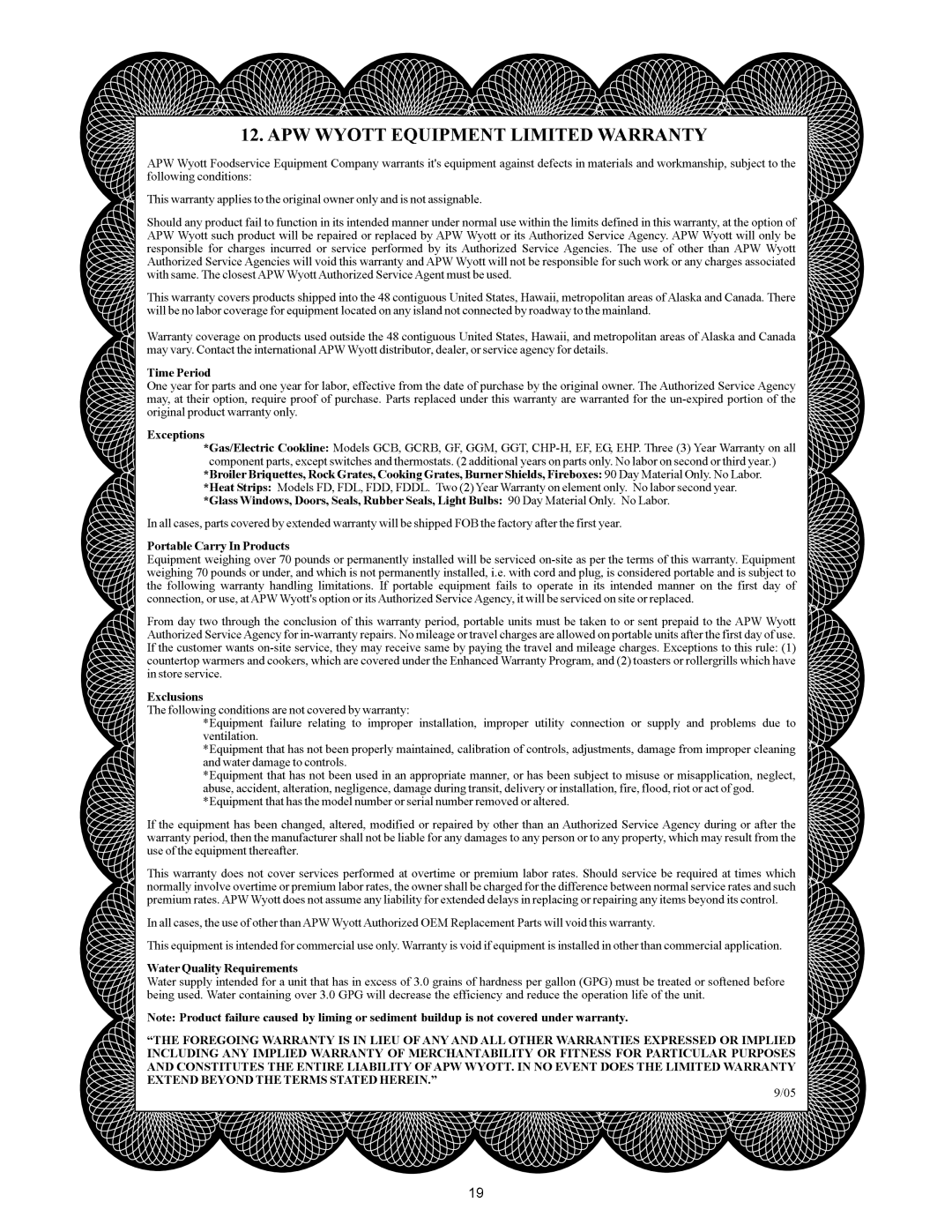 APW Wyott VCG operating instructions 