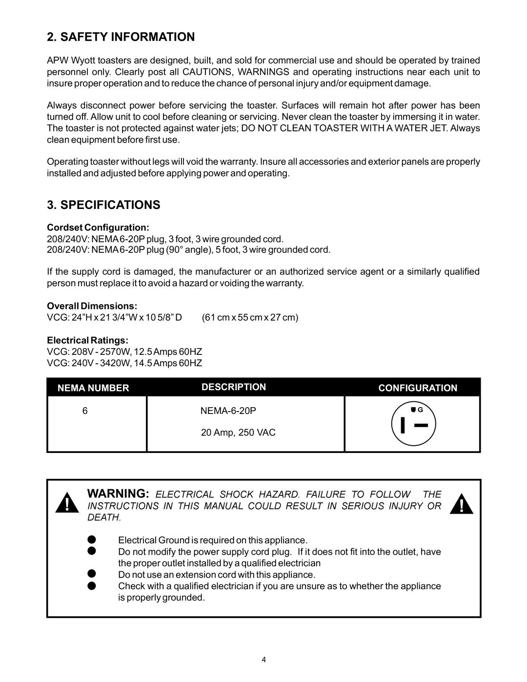 APW Wyott VCG operating instructions 