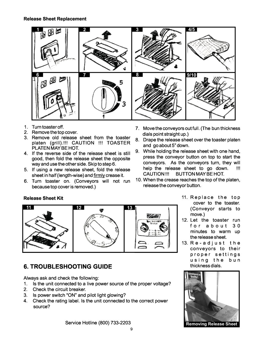 APW Wyott VCG operating instructions Troubleshooting Guide, Release Sheet Replacement, 9/10 