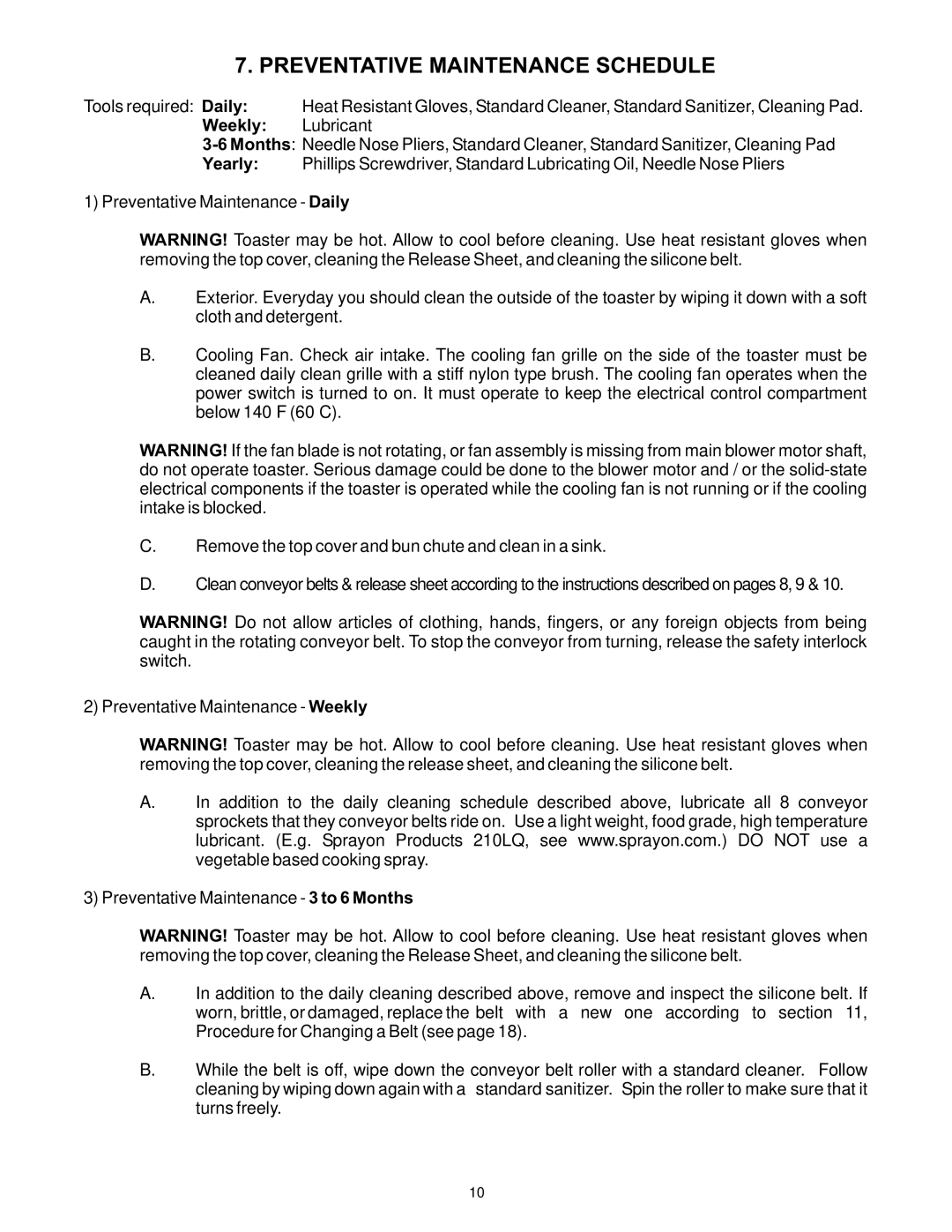 APW Wyott VSX manual Preventative Maintenance Schedule 