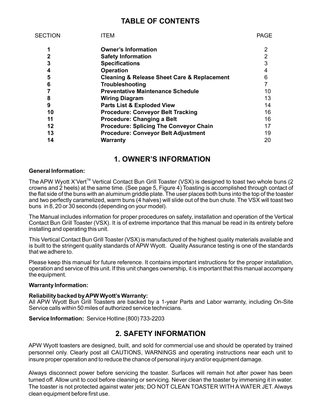 APW Wyott VSX manual Table of Contents, Safety Information 