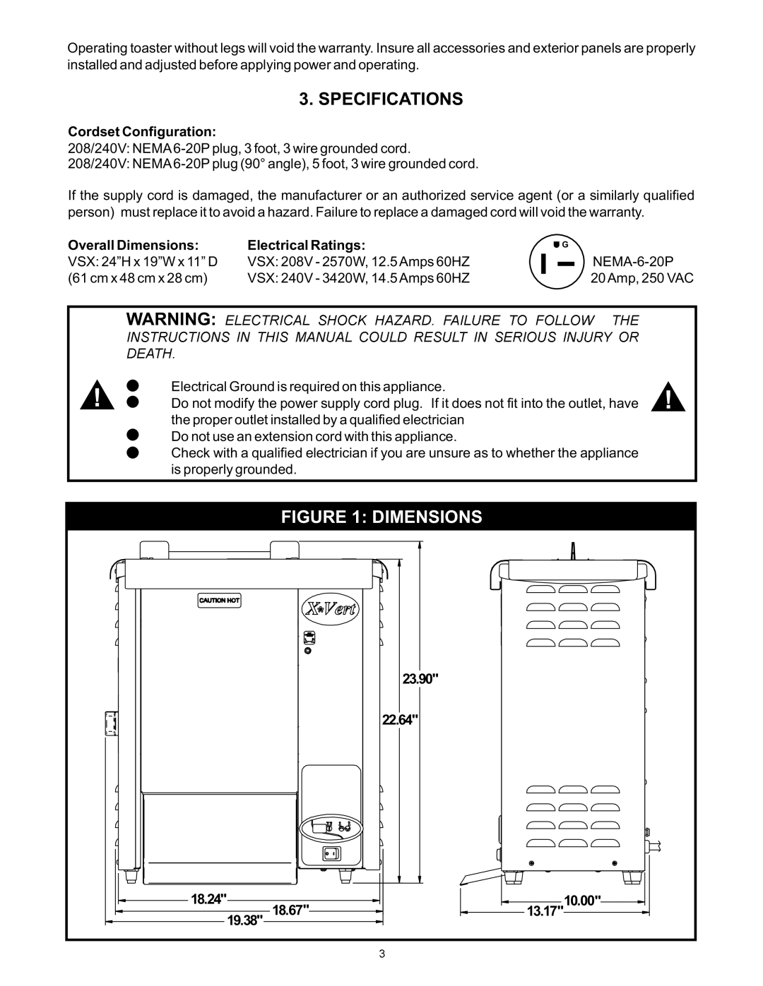 APW Wyott VSX SPE Ific Tions, Cordset Configuration, Overall Dimensions Electrical Ratings, 23.90 22.64, 18.67 13.17 19.38 