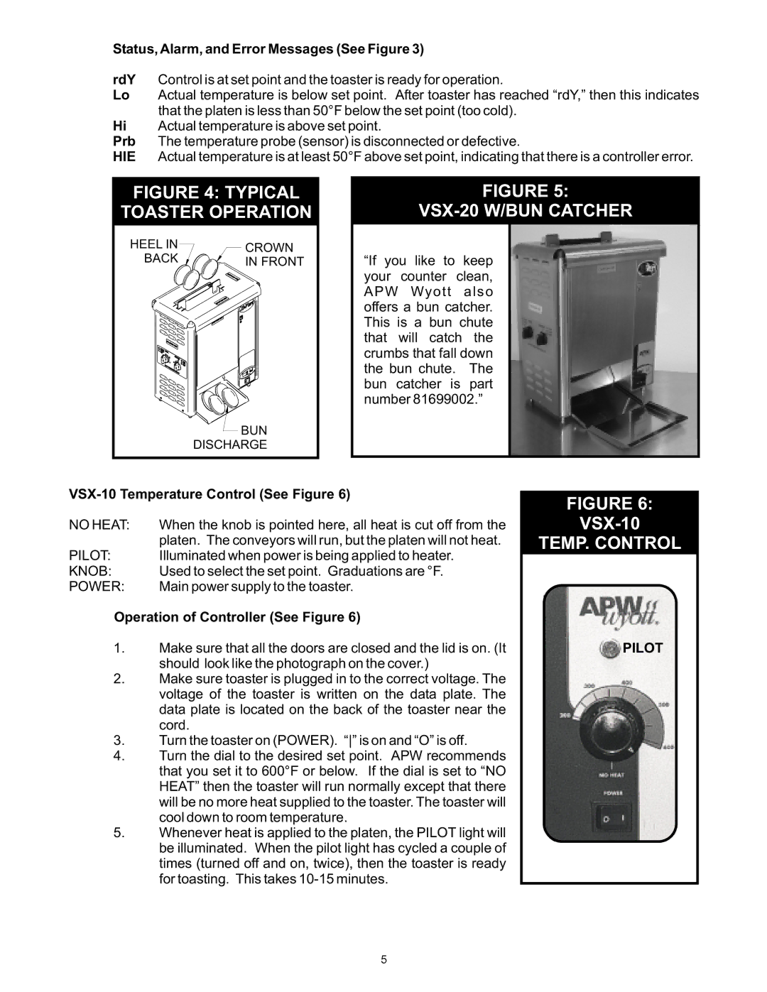 APW Wyott manual Status, Alarm, and Error Messages See Figure, VSX-10 Temperature Control See Figure 