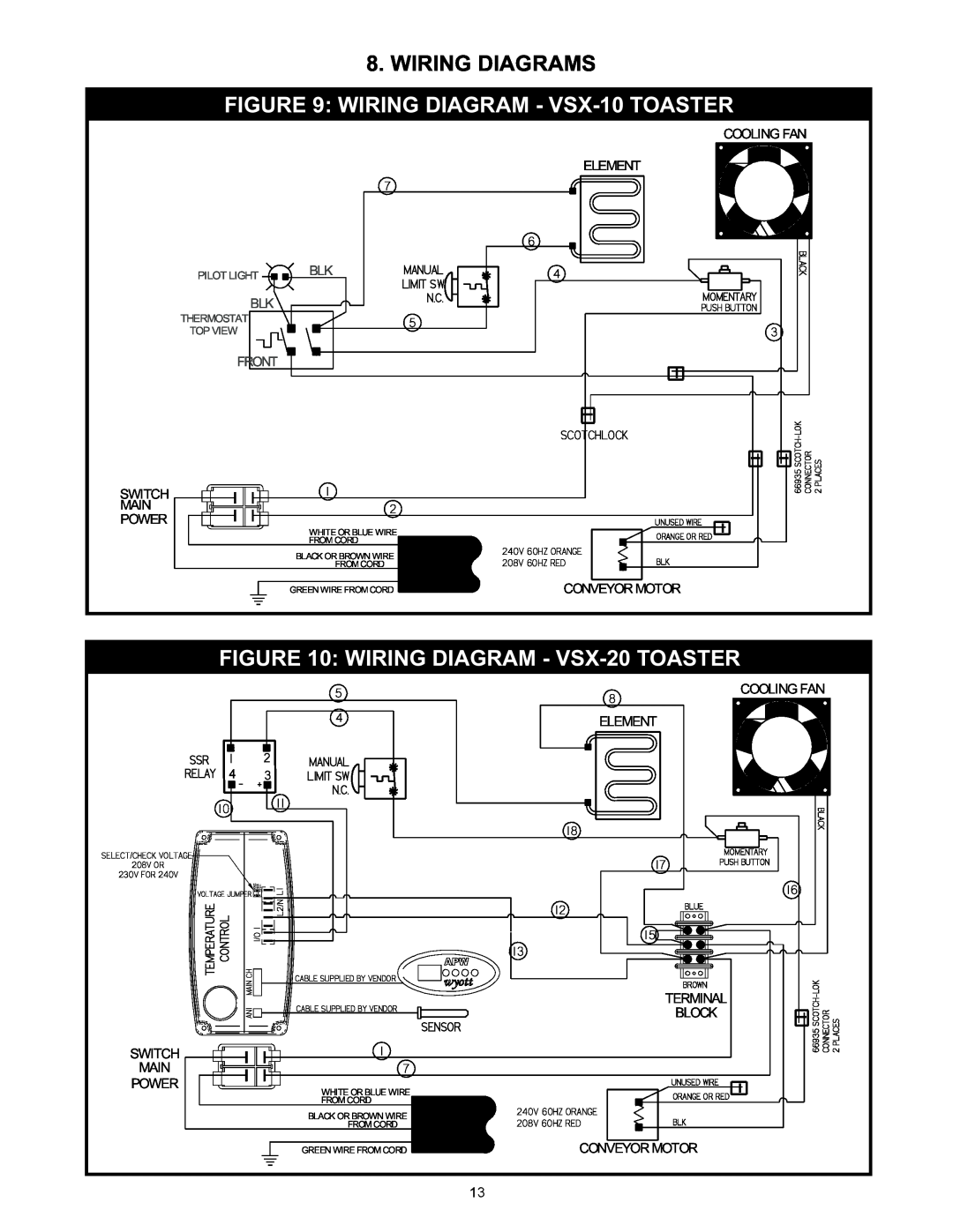 APW Wyott manual Wiring Diagrams, WIRING DIAGRAM - VSX-10 TOASTER, WIRING DIAGRAM - VSX-20 TOASTER, Manual, Limit Sw 