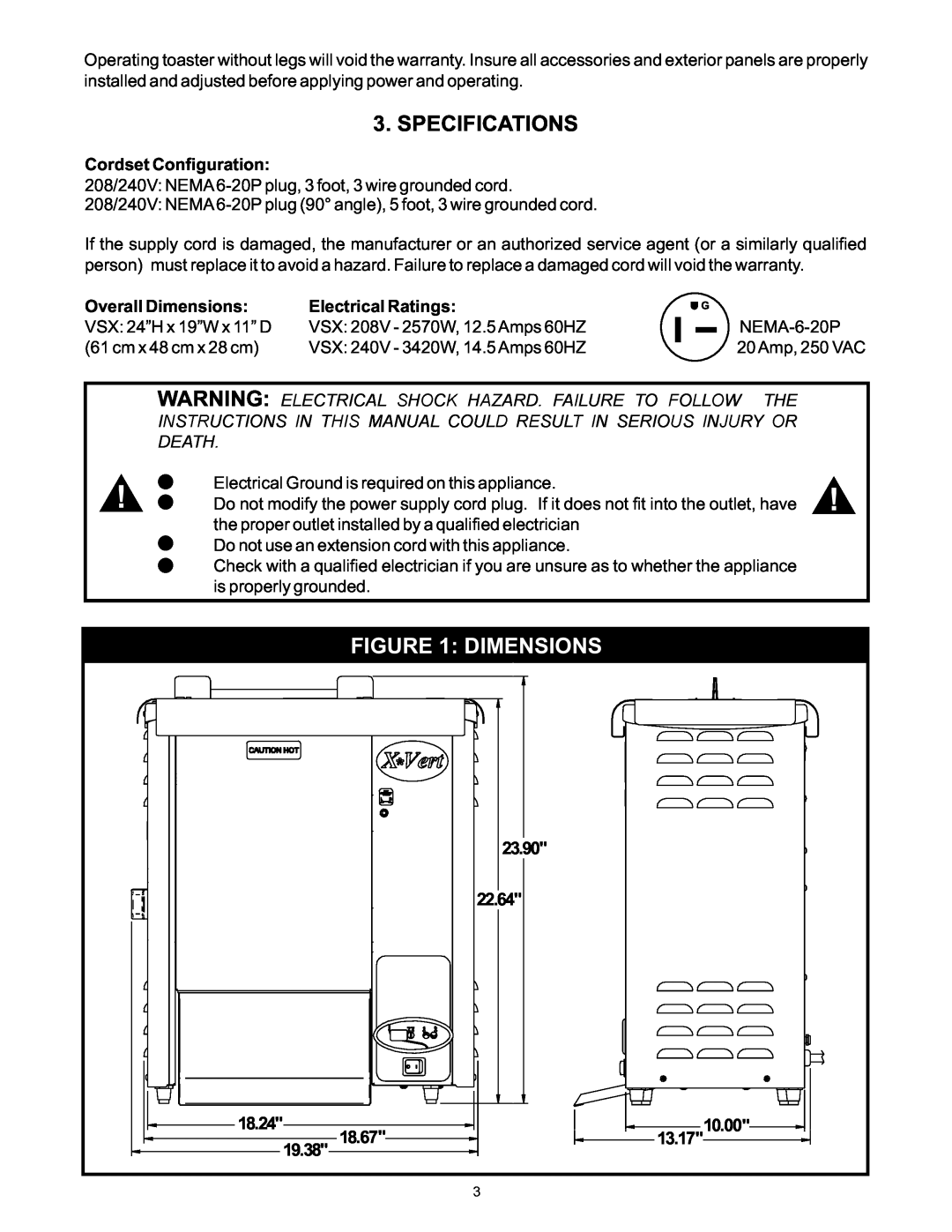 APW Wyott VSX manual Spe Ific Tions, Cordset Configuration, Overall Dimensions, Electrical Ratings, 23.90, 22.64, 18.67 