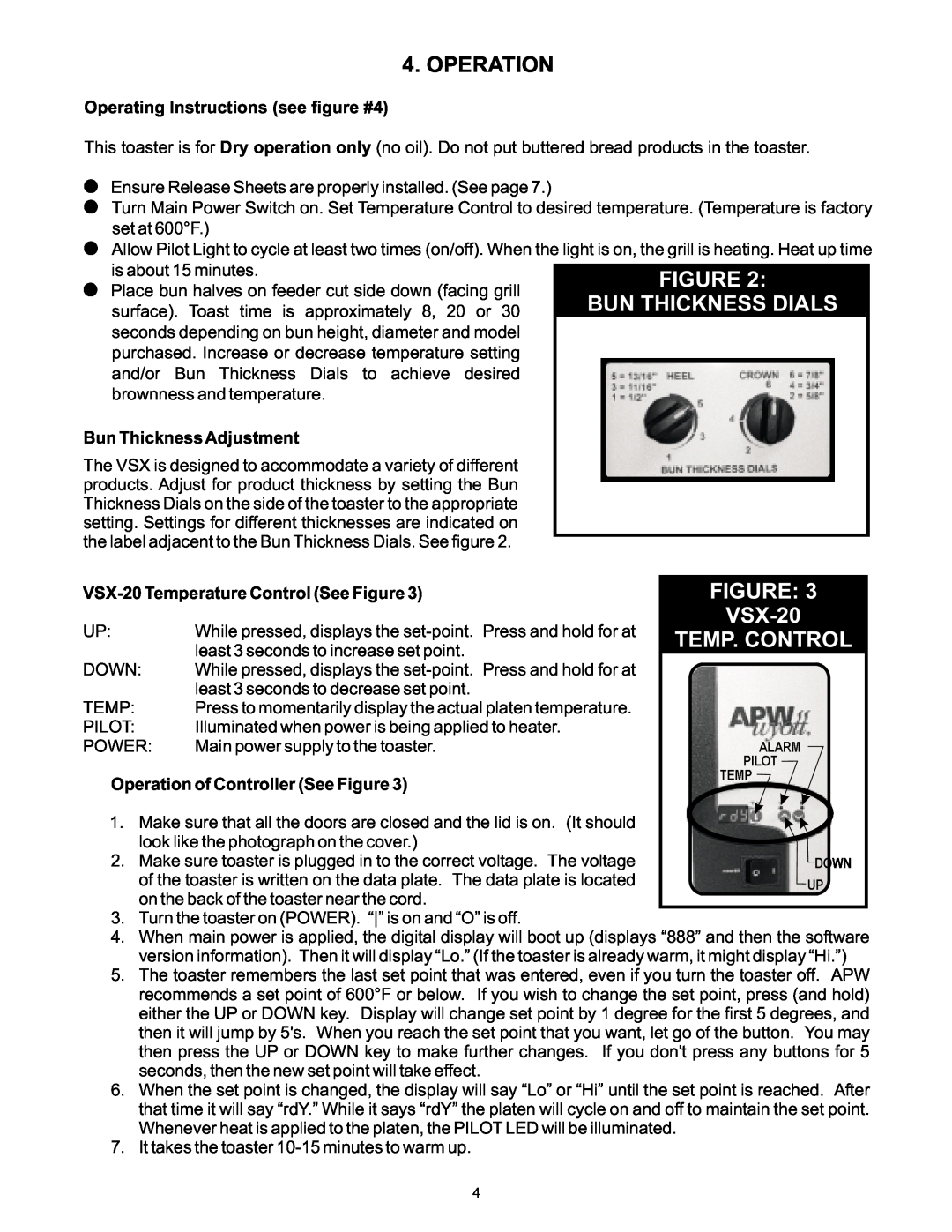 APW Wyott manual Operation, Bun Thickness Dials, VSX-20, Operating Instructions see figure #4, Bun Thickness Adjustment 